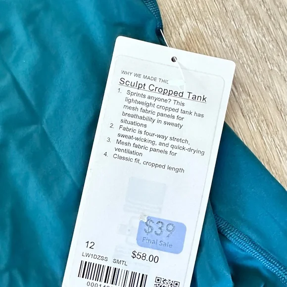 Lululemon Sculpt Cropped Tank Teal NWT 12 - Picture 4 of 5